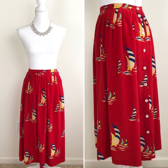 Ralph Lauren Dresses & Skirts - Vtg RALPH LAUREN Red Silk Sailboat Circle Skirt